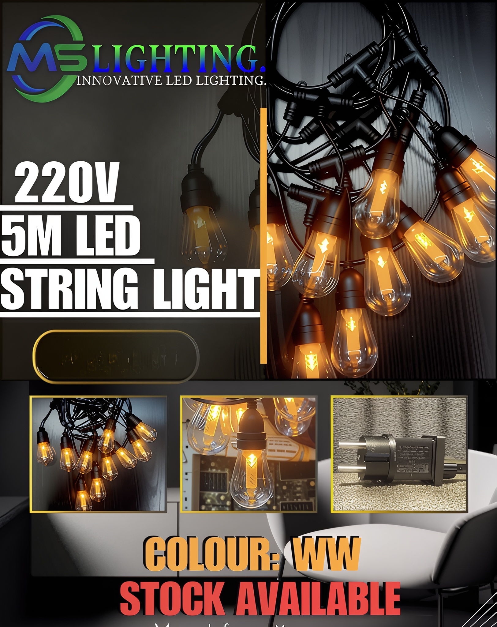 MS Lighting 220V 5M LED String Light – Warm White Decorative Edison Bulbs for Indoor & Outdoor Use