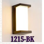 Modern black LED outdoor wall light model 1215-BK installed on exterior wall