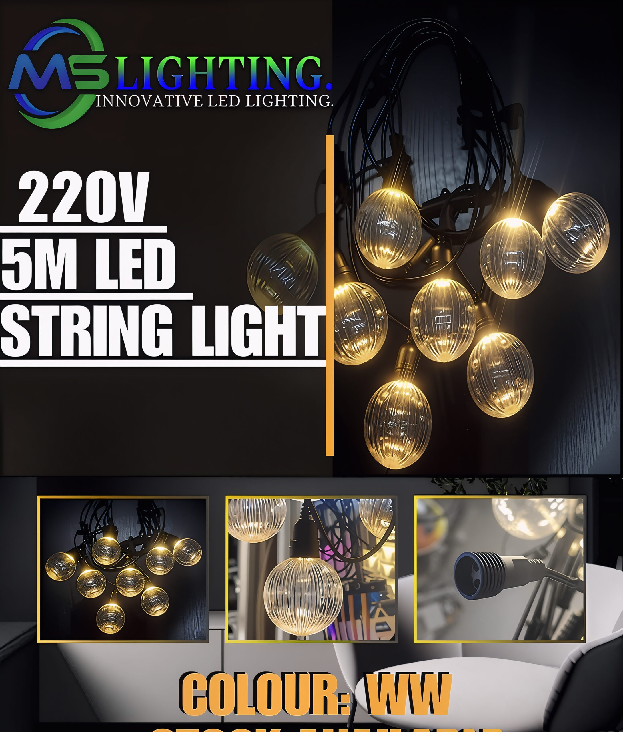 220V 5M LED String Lights – Warm White Decorative Lighting