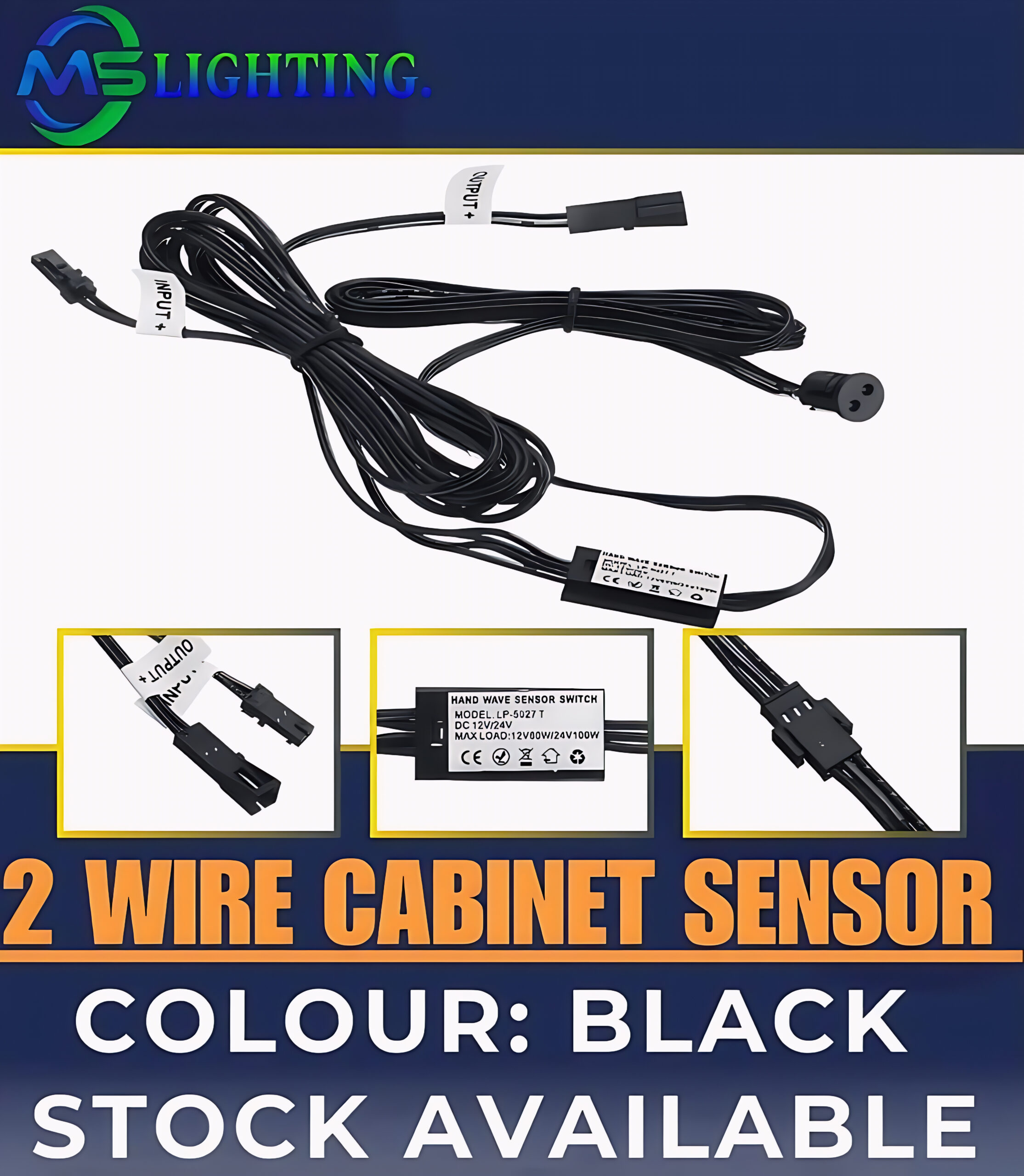2-Wire Hand Wave Cabinet Sensor Switch – LED Touchless Control (Black)